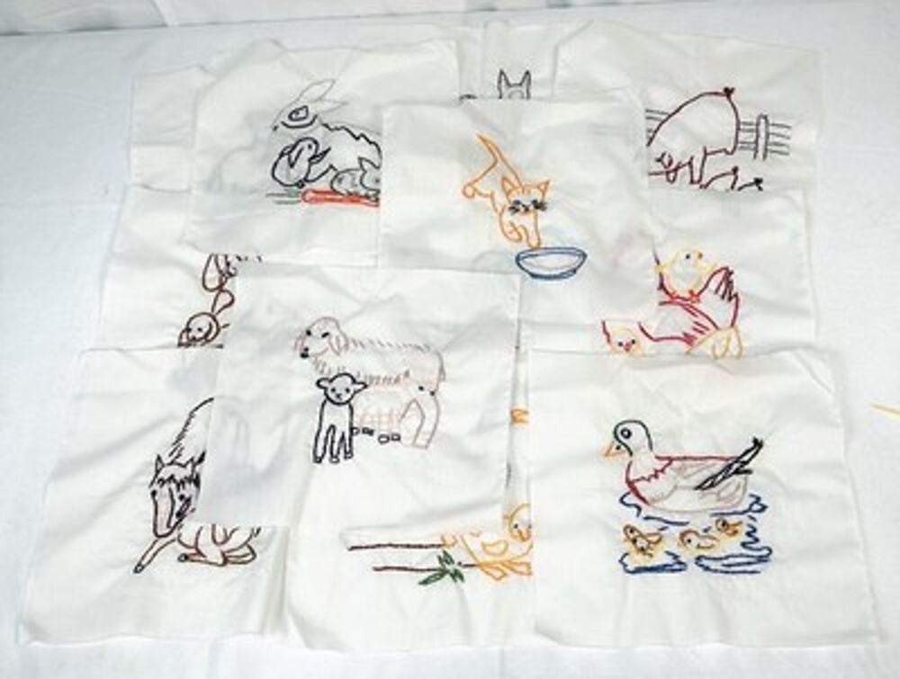 Vintage Lot of 12 Hand Embroidered Quilt Blocks Animals Farm 11" Squares